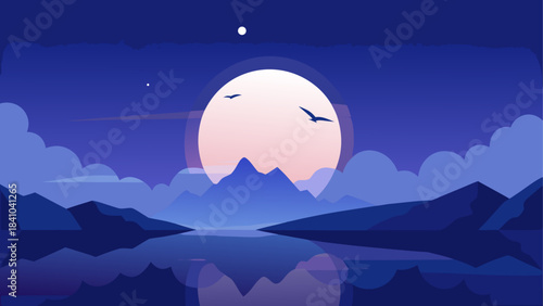 Night landscape with moon mountains and birds flying on transparent background