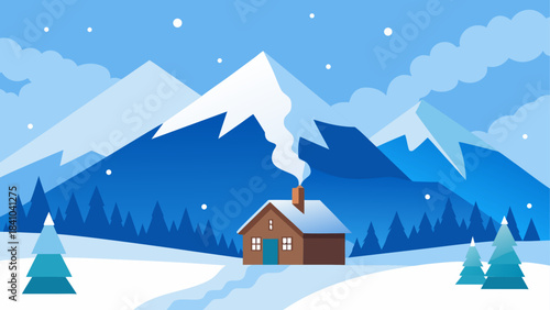 Illustration of winter landscape with cabin and mountains on transparent background