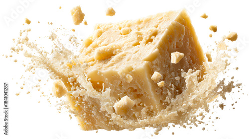 Parmesan cheese chunk splashing with creamy liquid in dynamic motion, perfect for food advertising and culinary themes