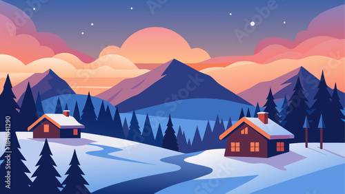 Illustration of winter landscape with houses and mountains on transparent background