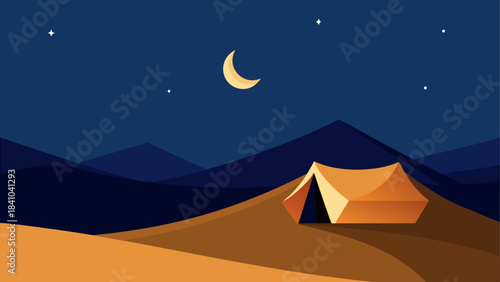Illustration of a tent under the moon and stars night on transparent background