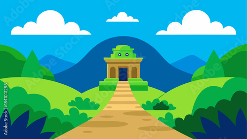 Cartoon landscape with temple and path leading to it on transparent background