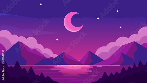 Illustration of mountains and moon in a purple scene on transparent background