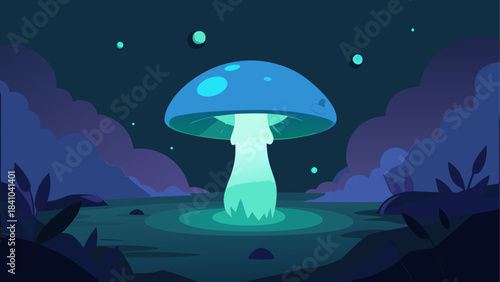 Glowing mushroom in a dark landscape with night sky on transparent background