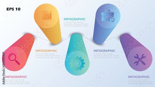 5 Steps Modern Pod Infographic Vector Template, 3D Gradient Cylinder Design for Sequential Business Process Flow and Data Presentation Layout.