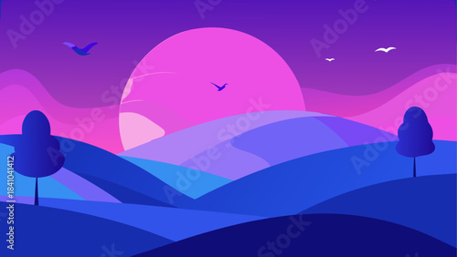 Illustration of a landscape with trees and flying birds on transparent background