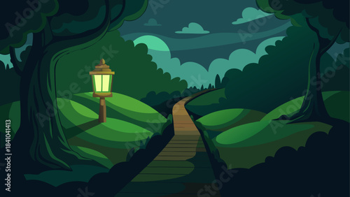 Illustration of a path through a forest at night time on transparent background