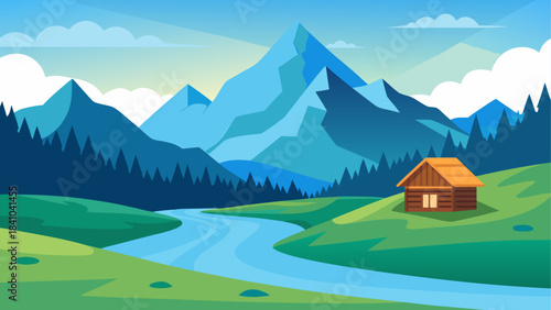 Illustration of mountains river and cabin in nature view on transparent background
