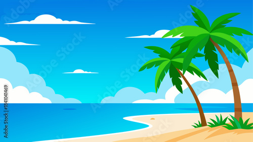 Cartoon beach scene with palm trees and cloudy sky on transparent background