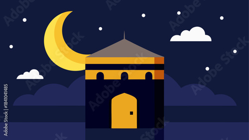 Illustration of kaaba with moon and stars at nighttime on transparent background