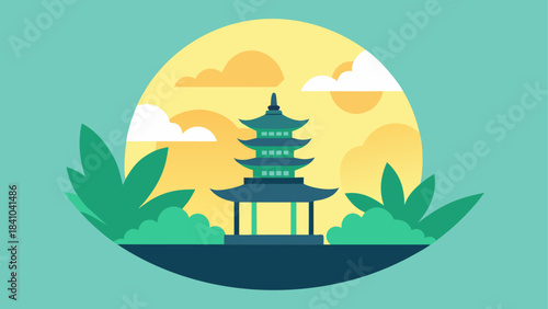 Illustration of a pagoda with plants and cloudy sky on transparent background