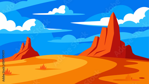 Cartoon desert landscape with mesas and cloudy skies on transparent background
