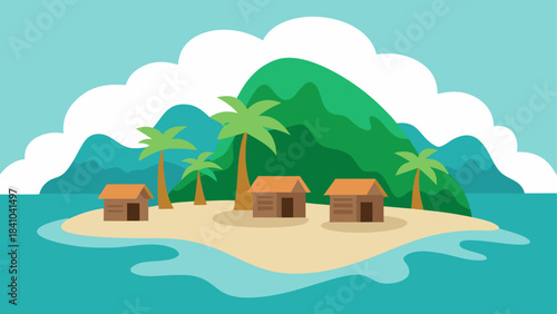 Cartoon island with huts and palm trees under cloudy sky on transparent background