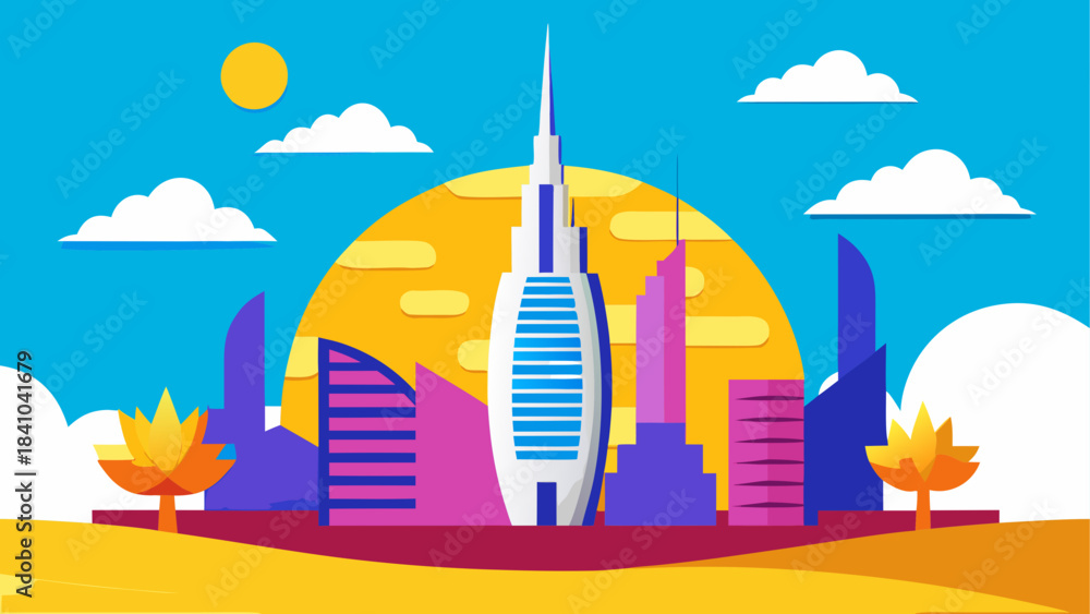 Obraz premium Illustration of dubai skyline with sun and clouds on transparent background
