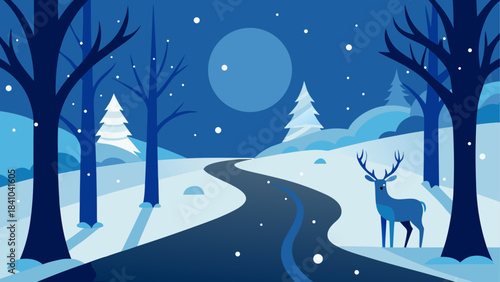 Winter landscape with deer trees and moon illustration on transparent background