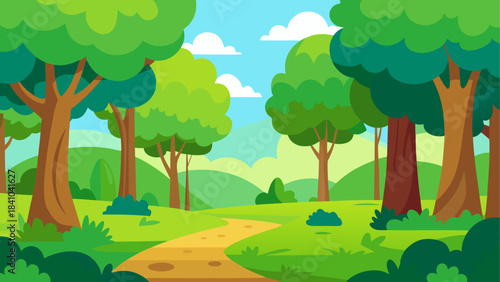 Cartoon illustration of a forest landscape with trees on transparent background