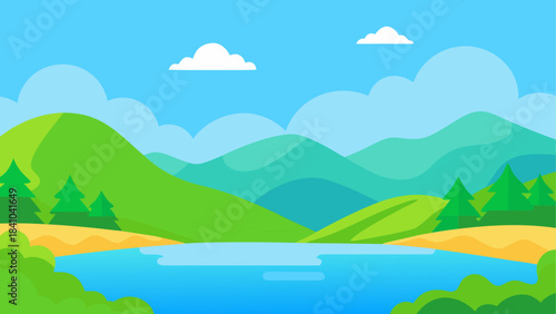 Illustration of a landscape with lake and mountains on transparent background