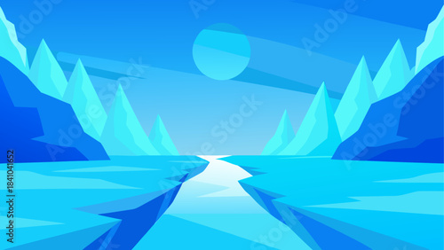 Illustration of icy landscape with mountains and moon on transparent background