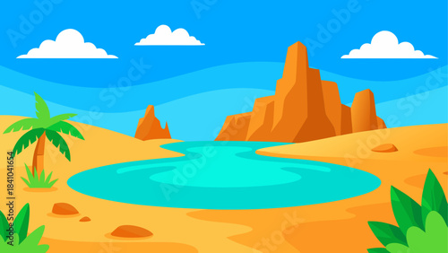 Cartoon desert landscape with oasis and rocky mountains on transparent background