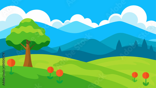 Cartoon landscape with tree, flowers, hills and clouds on transparent background