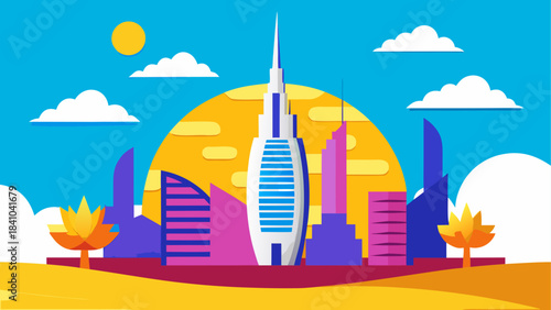 Illustration of dubai skyline with sun and clouds on transparent background