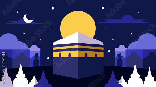 Illustration of the kaaba at night with moon and stars on transparent background