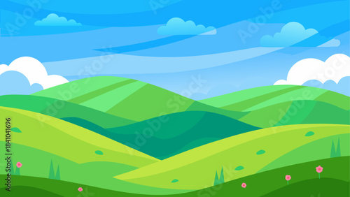Illustration of rolling green hills under a blue sky on transparent background