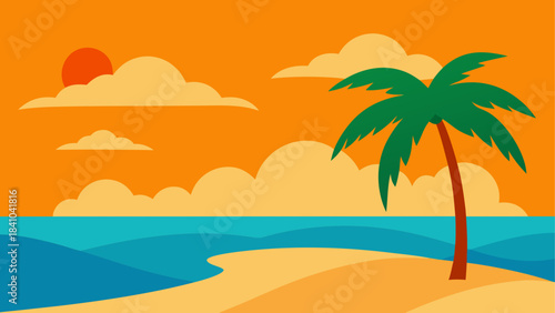 Illustration of a beach scene with palm tree and sun on transparent background