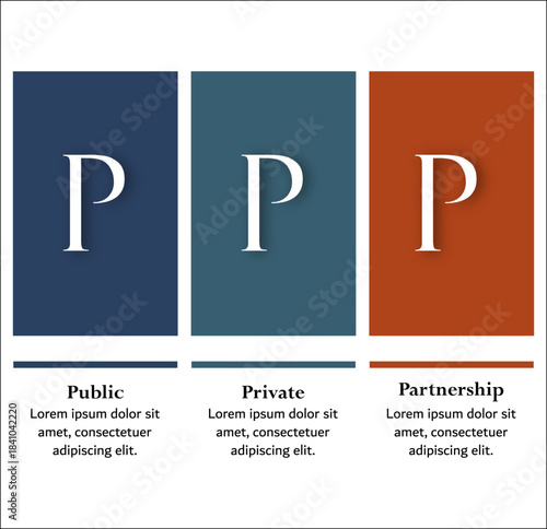 PPP - Public Private Partnership acronym. Infographic template with icons and description placeholder
