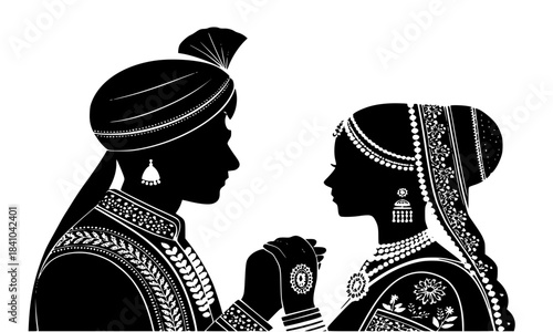 Indian Wedding Couple Silhouette Vector, Bride and Groom Holding Hands, Traditional Hindu Marriage Ceremony, Black and White Symmetrical Love Graphic, Engagement Celebration