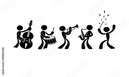Stick Figures Band Playing Music Vector Icon Set, Jazz Orchestra Silhouette, Drummer, Saxophone, Trumpet, Double Bass, Celebration, Party, Concert, Minimalist Graphic