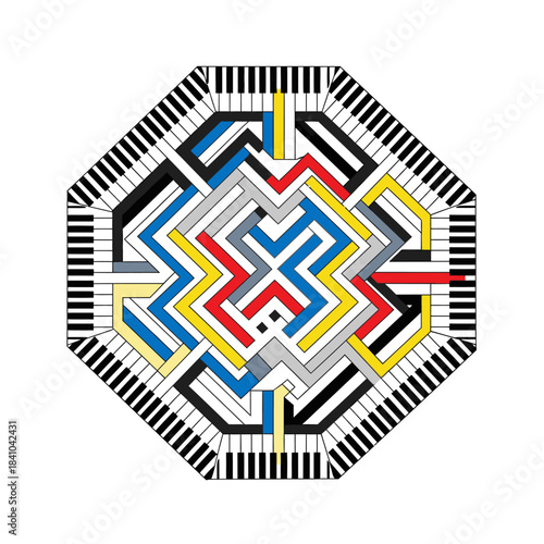 An intricate octagonal abstract design featuring a complex maze of colorful lines bordered by classic piano keys, symbolizing the fusion of music and technology.
