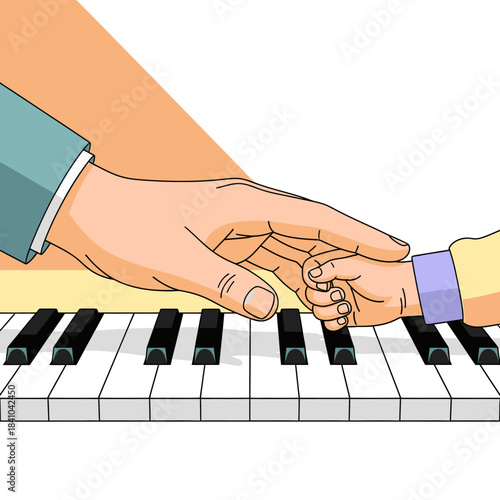 A nurturing adult hand gently guides a curious baby's tiny fingers across the piano keys, symbolizing early musical education and the joy of shared learning.