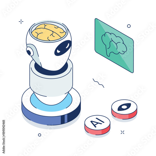 Trendy Isometric neural network illustration, deep learning and artificial intelligence