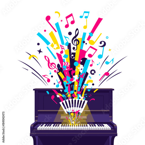 A vibrant explosion of colorful musical notes and symbols bursts from the keys of a classic dark piano, symbolizing creative sound and artistic energy.