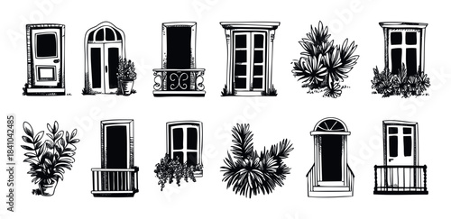 Collection of hand drawn doors and windows with potted plants and balconies, perfect for architectural and decorative concepts