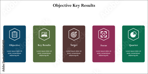 Five Objective Key results. Infographic template with icons and description placeholder