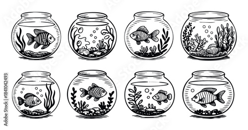 Collection of whimsical fishbowls featuring various aquatic scenes with fish, plants, and pebbles, perfect for oceanthemed projects and underwater adventures.