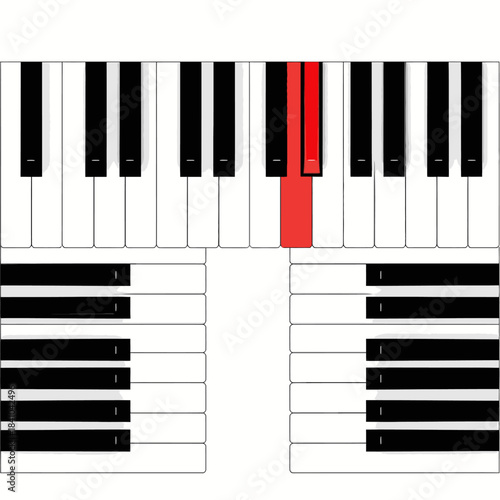 This clear graphic illustrates a piano keyboard layout, featuring a prominently highlighted red key combination, perfect for music education and theoretical explanations.