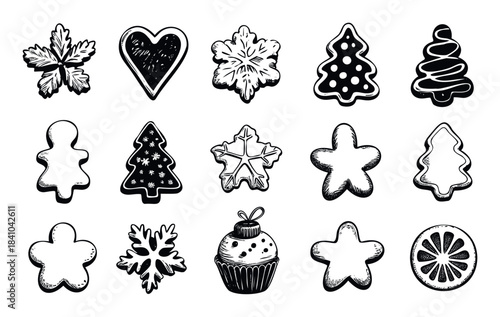 Collection of hand drawn Christmas and winter themed cookie shapes including snowflakes, trees, gingerbread man, star, and orange slice for holiday baking and celebration use.