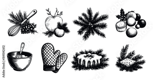 Collection of Christmas baking and festive decor elements including whisks berries apples pine branches oven mitts and fruitcake for holiday culinary preparations and seasonal celebrations.
