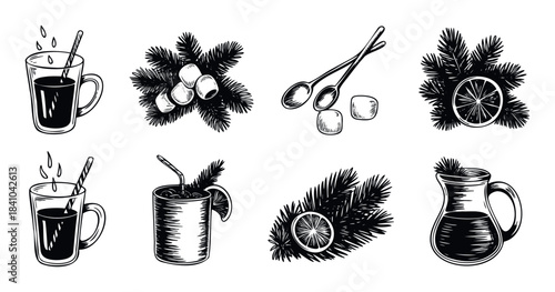 Set of cozy winter drink and holiday decoration elements including mulled wine and pine branches for festive seasonal celebrations and beverage promotions
