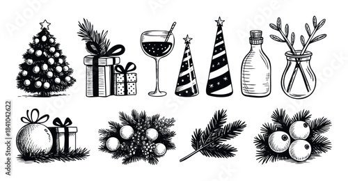 Collection of festive Christmas elements including trees, gifts, ornaments, and drinks for holiday season celebration and winter decor projects