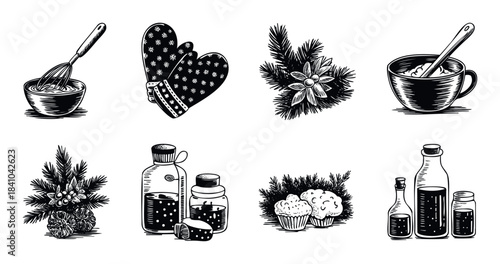 A charming collection of handdrawn festive and culinary elements including baking tools, seasonal foliage, and sweet treats perfect for holiday promotions and foodrelated projects.