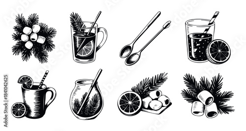 Collection of hand drawn winter drinks with citrus and festive fir branches, perfect for holiday promotions and seasonal menus, evoking a warm and inviting atmosphere.