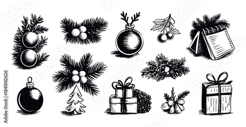 Collection of hand drawn Christmas decorations and festive elements for holiday celebration usage, perfect for greeting cards and seasonal promotions