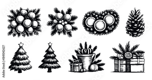 Hand Drawn Black and White Christmas Ornaments Pinecone Fir Tree and Gift Box Collection for Festive Holiday Designs and Seasonal Decorations