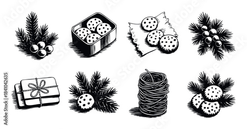 Festive winter elements including pine branches with berries, polka dot cookies in a container and on paper, stacked gifts, and a spool of twine, perfect for holiday season promotions and