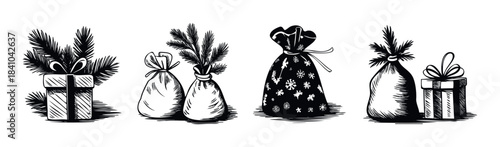 Set of Christmas gifts and bags decorated with pine branches and snowflakes, perfect for winter holiday promotions and festive greetings.
