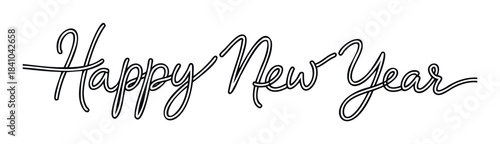 Elegant black neon sign calligraphy text happy new year phrase written in cursive for festive celebrations and winter holiday greetings